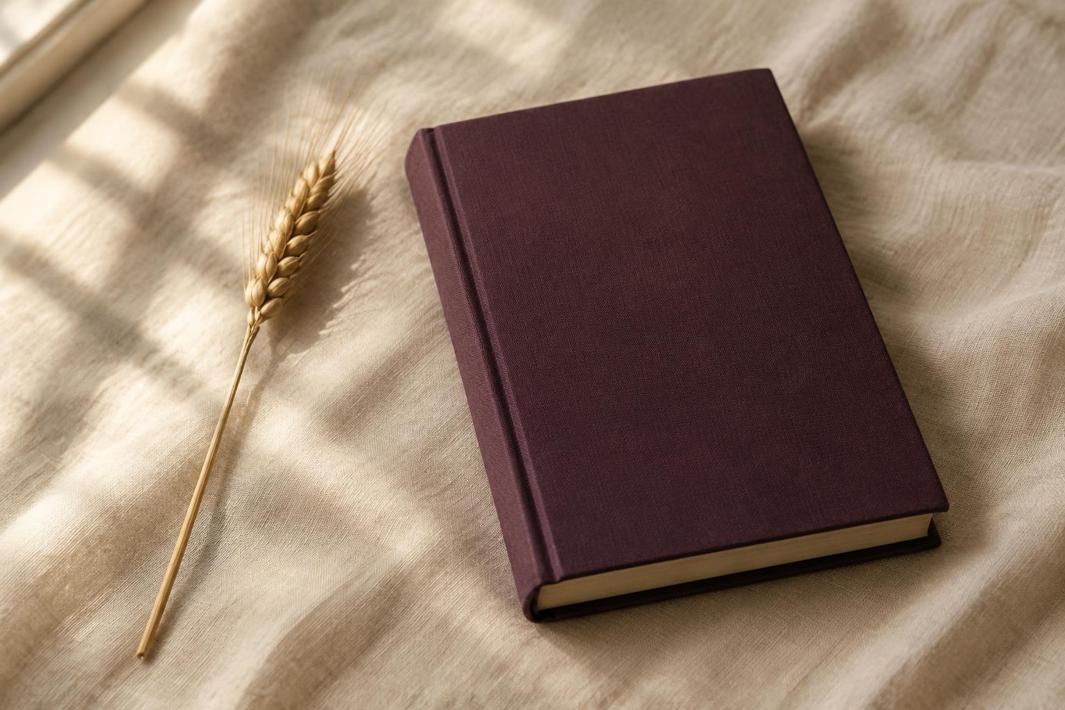 A closed book on cream linen, light falling across it